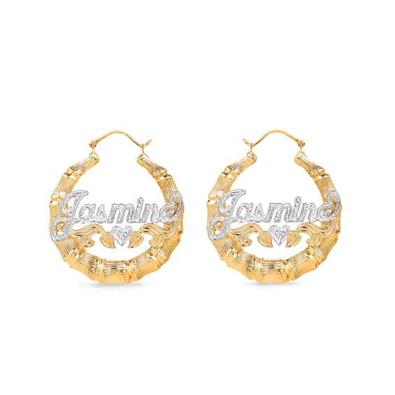 Two-Tone Bamboo Name Hoop Earrings in Sterling Silver with 24K Gold Plate (10 Characters)