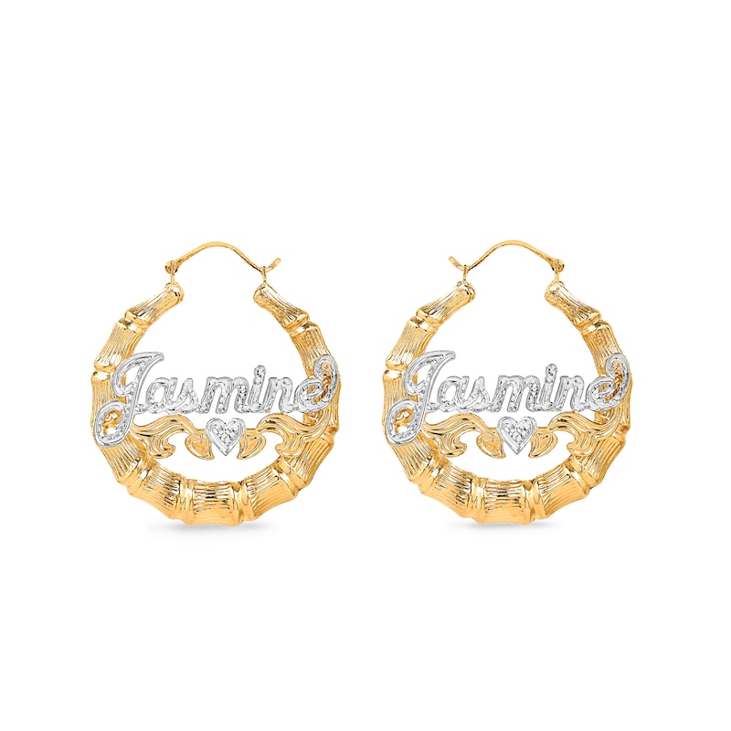 Two-Tone Bamboo Name Hoop Earrings in Sterling Silver with 24K Gold Plate (10 Characters)