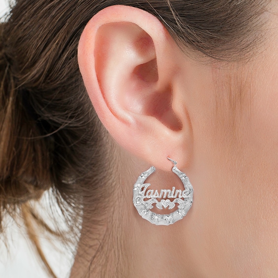 Bamboo Name Hoop Earrings in Sterling Silver (10 Characters)