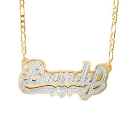 Diamond Accent Hammered Name and Heart Ribbon Accent Plate Necklace in Sterling Silver and 24K Gold Plate (1 Line)
