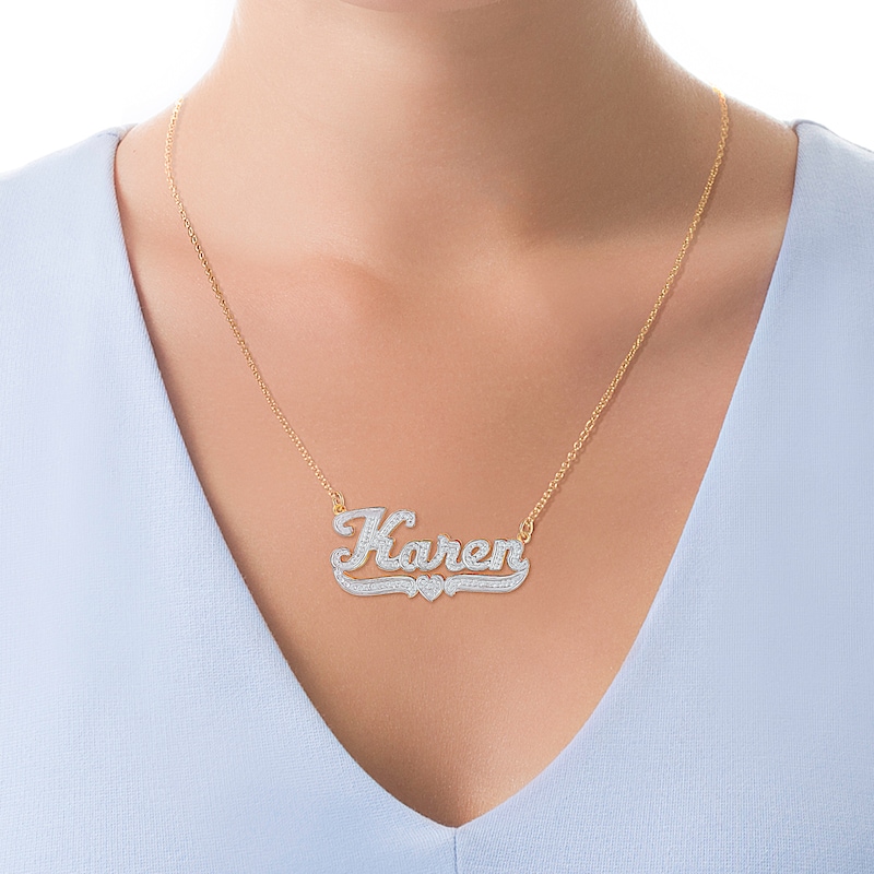 Diamond Accent Hammered Name Pendant in 10K Two-Tone Gold (10 Characters)