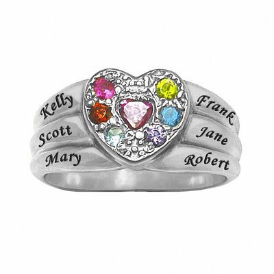 Personalized Mothers Ring Customized 4 Heart Simulated Birthstone Ring Family Name Ring,Size 5-8