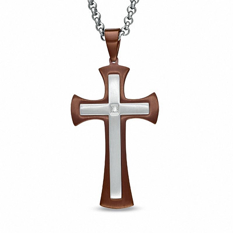 Main Image 1 of Men's Diamond Accent Stacked Cross Pendant in Two-Tone Stainless Steel - 24"