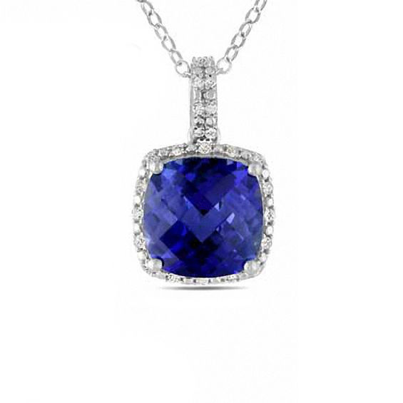 Cushion-Cut Lab-Created Blue Sapphire and 1/10 CT. T.W. Diamond Frame ...