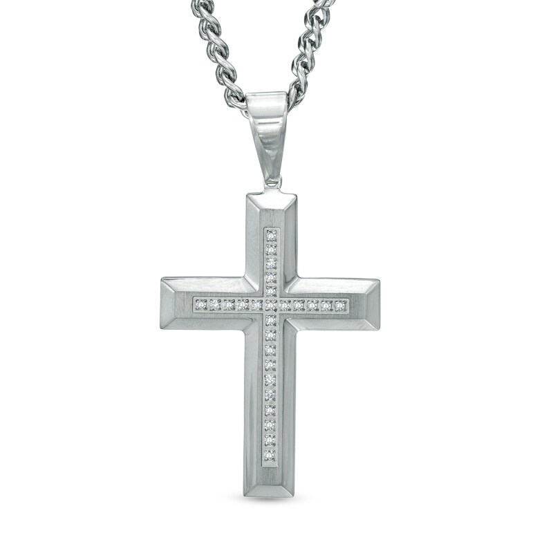 Main Image 1 of Men's 1/8 CT. T.W. Diamond Cross Pendant in Two-Tone Stainless Steel - 24"