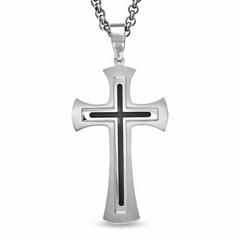 Main Image 1 of Men's Stainless Steel Cross Pendant with Black Resin Inlay - 24"
