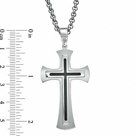 Men's Stainless Steel Cross Pendant with Black Resin Inlay - 24"