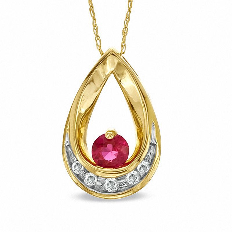 Lab-Created Ruby and Diamond Accent Teardrop-Shaped Pendant in 10K Gold