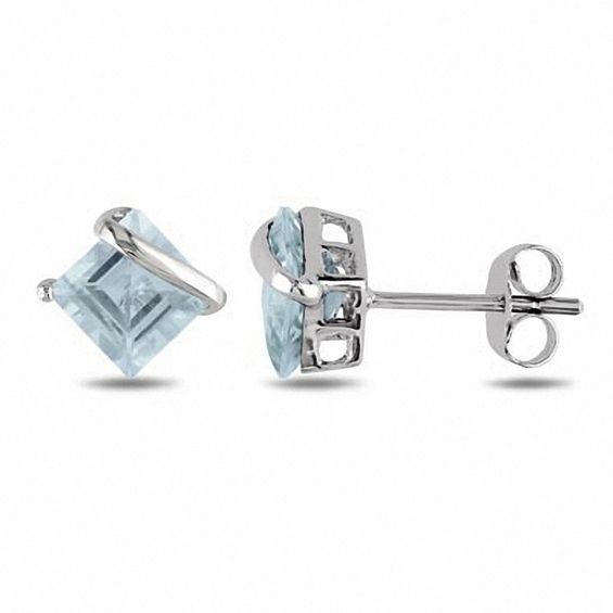 Princess-Cut Aquamarine Overlay Stud Earrings in 10K White Gold