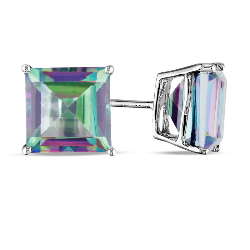 Princess-Cut Rainbow Green Topaz Stud Earrings in 10K White Gold