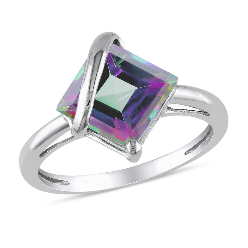 Princess-Cut Rainbow Green Topaz Overlay Ring in 10K White Gold