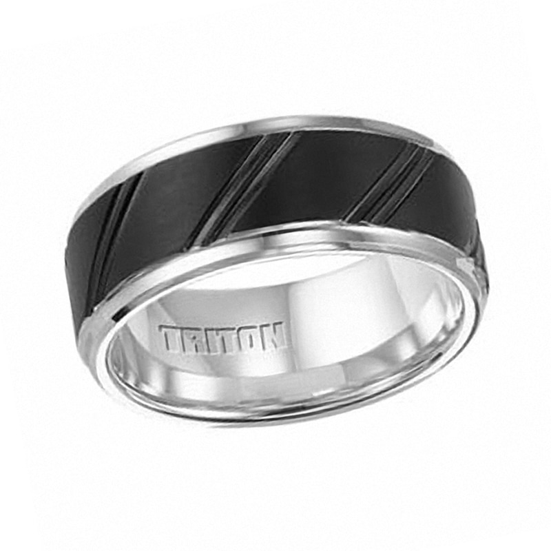 Main Image 1 of Triton 9.0mm Comfort Fit Two-Tone Tungsten Slant Engravable Wedding Band (1 Line)