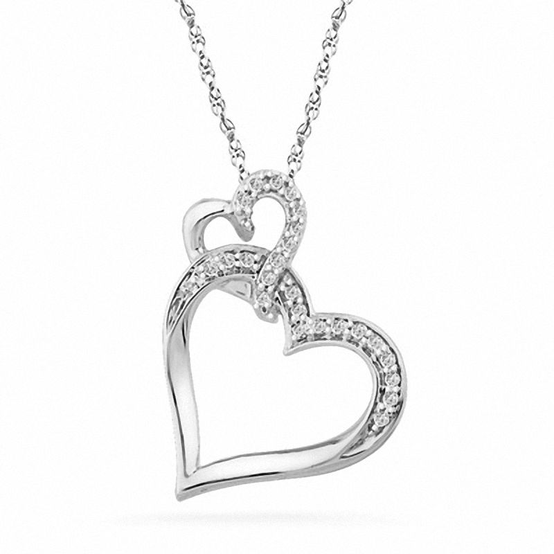 1/15 CT. T.W. Diamond Tilted Double Heart Pendant in Sterling Silver