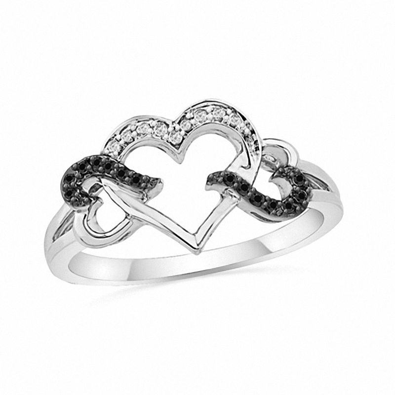 Main Image 1 of 1/20 CT. T.W. Enhanced Black and White Diamond Triple Heart Ring in Sterling Silver