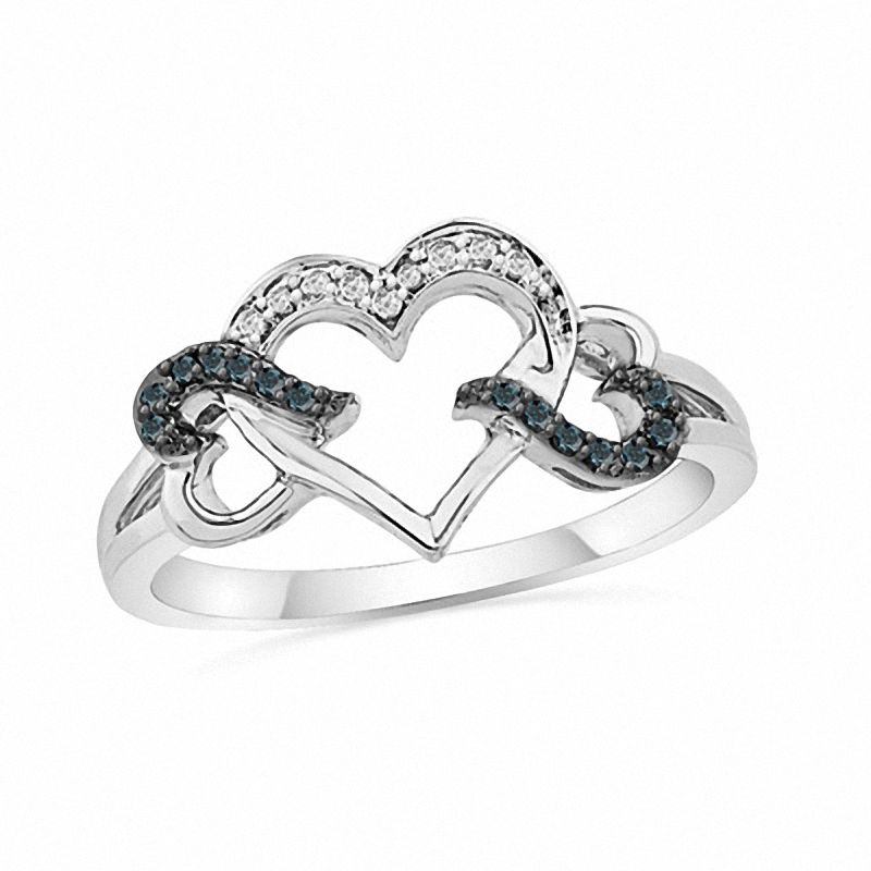 1/15 CT. T.W. Enhanced Blue and White Diamond Triple Heart Ring in Sterling Silver