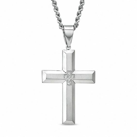 Men's Diamond Accent Cross Pendant in Stainless Steel - 24"