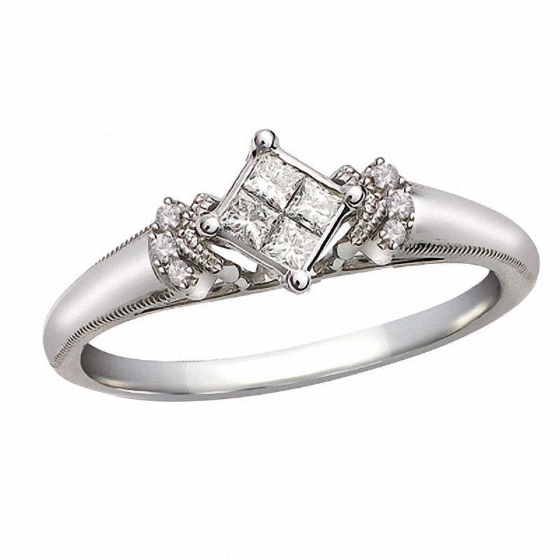 Main Image 1 of Cherished Promise Collection™ 1/6 CT. T.W. Princess-Cut Quad Diamond Enchanting Promise Ring in 10K White Gold