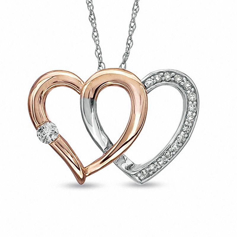 Main Image 1 of 1/8 CT. T.W. Diamond Double Heart Pendant in 10K Two-Tone Gold