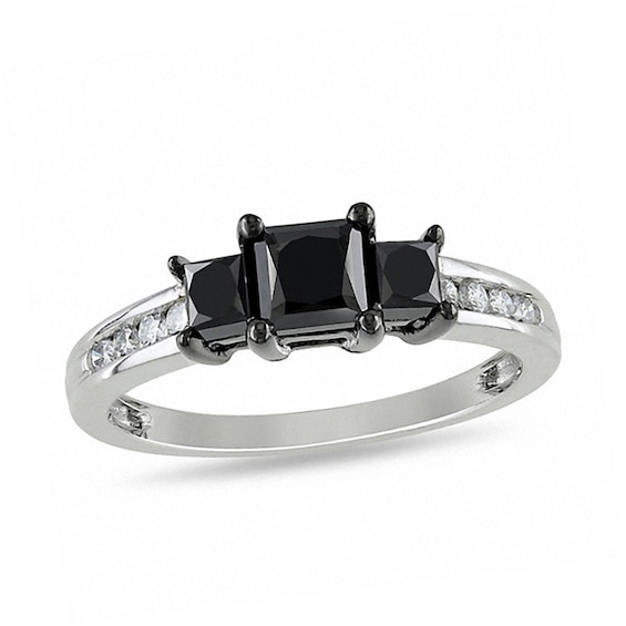 1-1/2 CT. T.w. Princess-Cut Enhanced Black and White Diamond Three Stone Ring in 10K White Gold