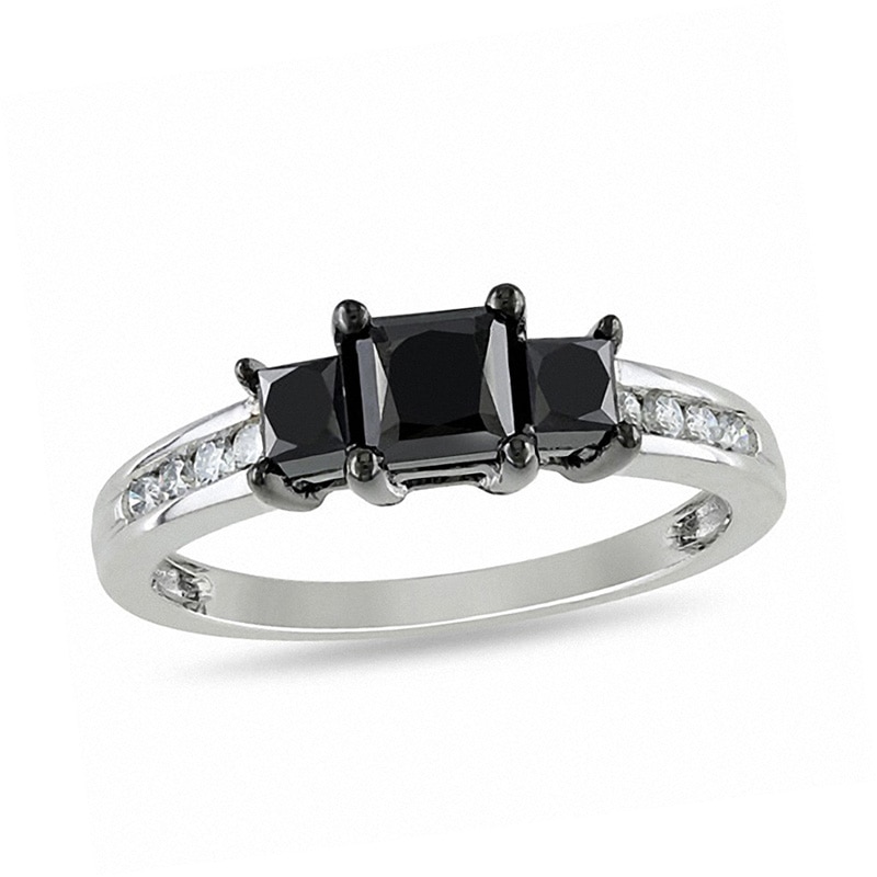 Main Image 1 of 1-1/2 CT. T.W. Princess-Cut Enhanced Black and White Diamond Three Stone Ring in 10K White Gold