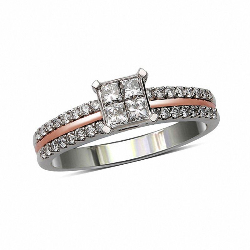 Main Image 1 of 1/2 CT. T.W. Princess-Cut Quad Diamond Engagement Ring in 14K Two-Tone Gold