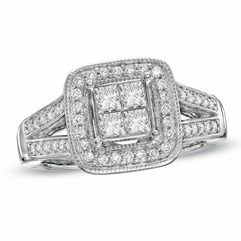 1 CT. T.W. Princess-Cut Quad Diamond Frame Split Shank Ring in 14K White Gold