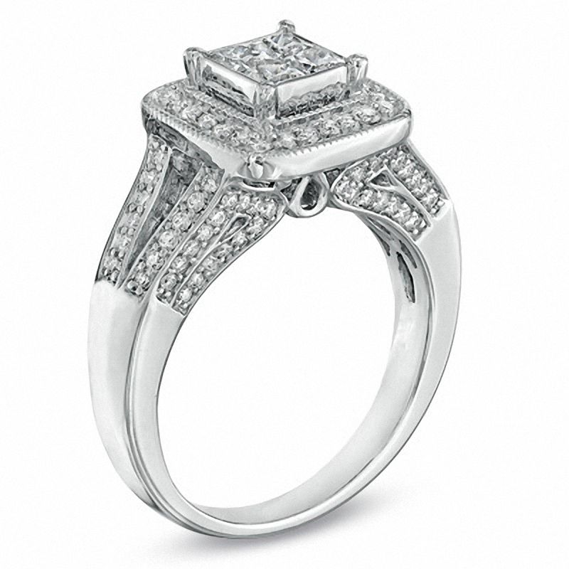 Main Image 2 of 1 CT. T.W. Princess-Cut Quad Diamond Frame Split Shank Ring in 14K White Gold
