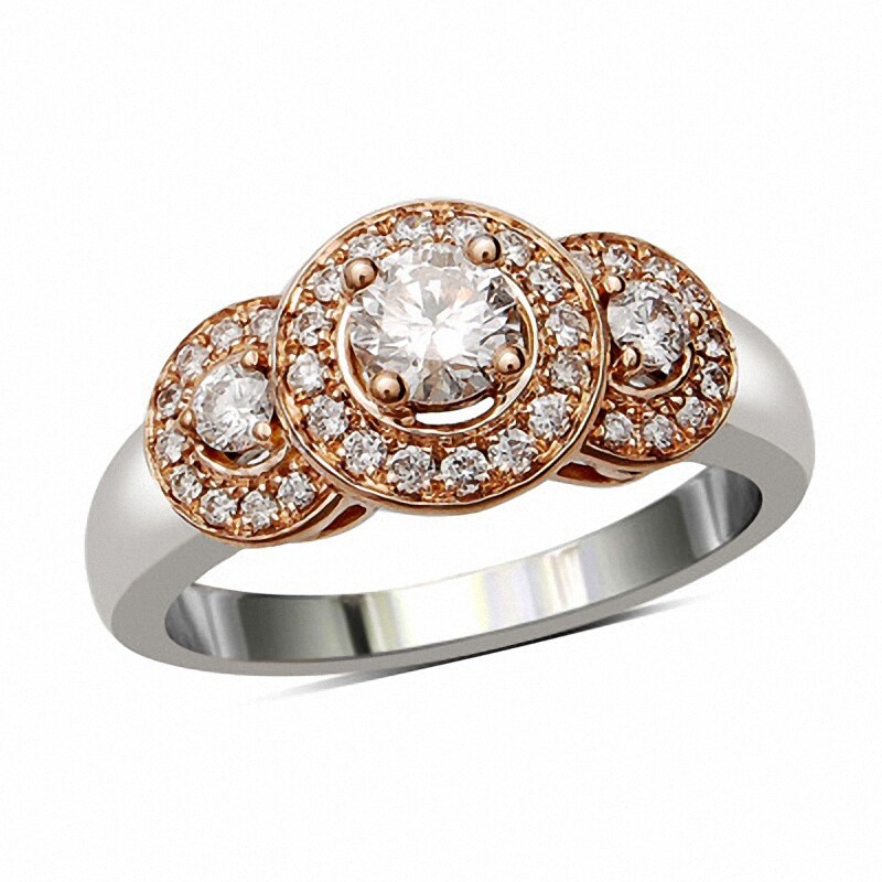 Main Image 1 of 5/8 CT. T.W. Diamond Three Stone Frame Ring in 14K Two-Tone Gold