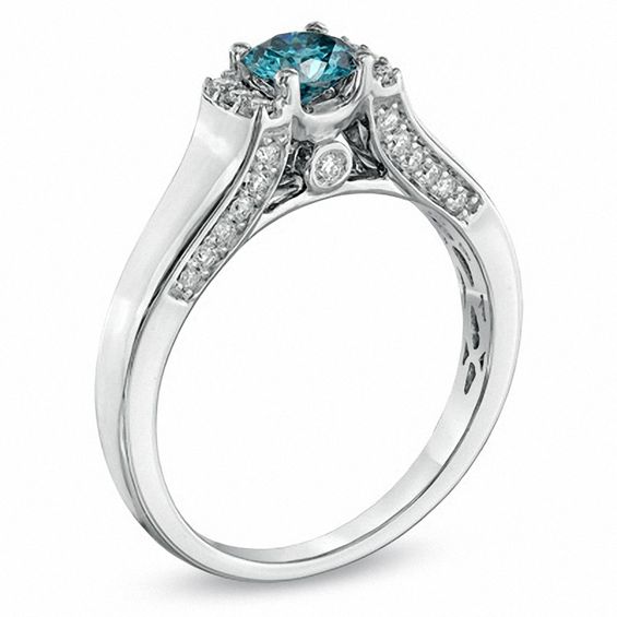 3/4 CT. T.w. Enhanced Blue and White Diamond Engagement Ring in 14K White Gold
