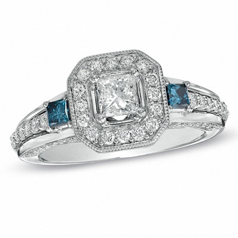 Main Image 1 of 1-1/3 CT. T.W. Enhanced Blue and White Princess-Cut Diamond Frame Engagement Ring in 14K White Gold