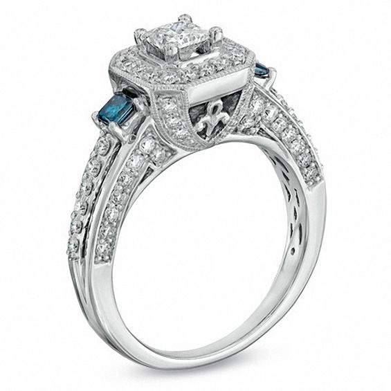 1-1/3 CT. T.w. Enhanced Blue and White Princess-Cut Diamond Frame Engagement Ring in 14K White Gold