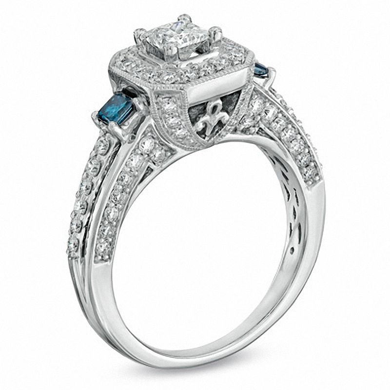 Main Image 2 of 1-1/3 CT. T.W. Enhanced Blue and White Princess-Cut Diamond Frame Engagement Ring in 14K White Gold
