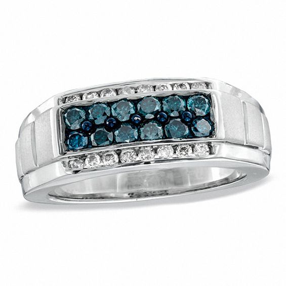 Men's 1 CT. T.w. Enhanced Blue and White Diamond Band in Sterling Silver