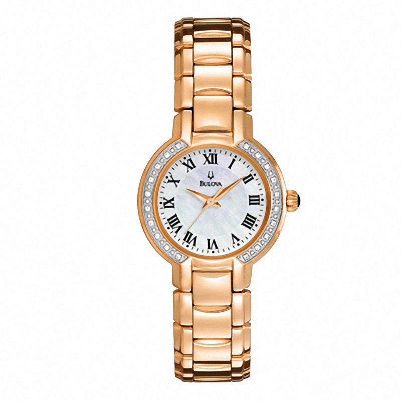 Main Image 1 of Ladies' Bulova Fairlawn Diamond Accent Rose-Tone Watch with Mother-of-Pearl Dial (Model: 98R156)