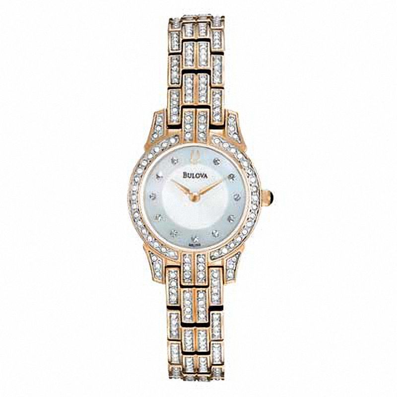 Ladies' Bulova Crystal Accent Rose-Tone Watch with Mother-of-Pearl Dial (Model: 98L155)