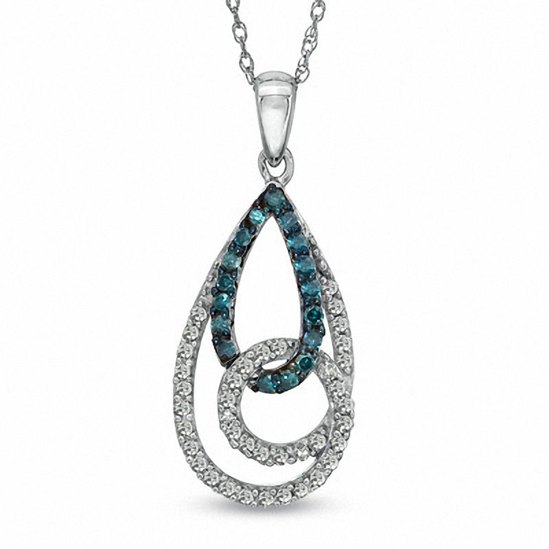 Main Image 1 of 1/3 CT. T.W. Enhanced Blue and White Diamond Teardrop-Shaped Swirl Pendant in 10K White Gold
