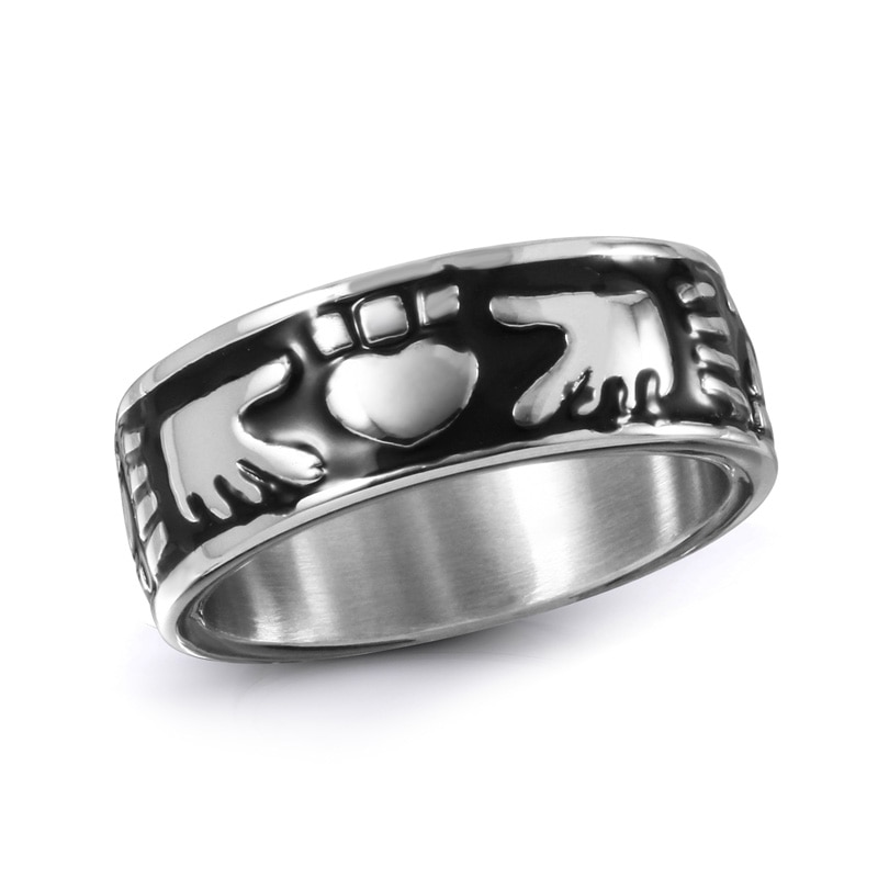 Men's 9.0mm Claddagh Wedding Band in Black Enamel and Stainless Steel