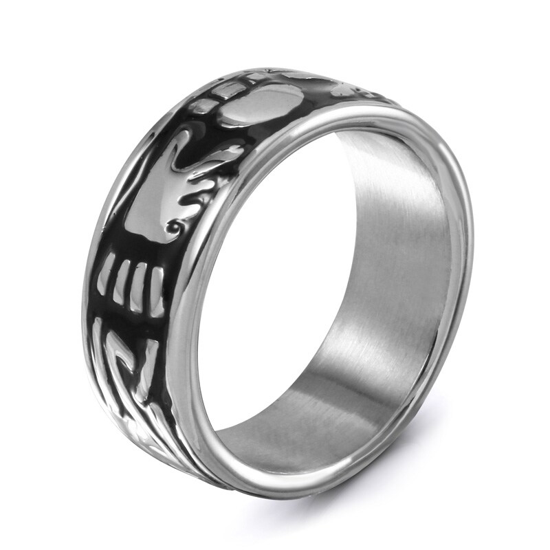 Men's 9.0mm Claddagh Wedding Band in Black Enamel and Stainless Steel