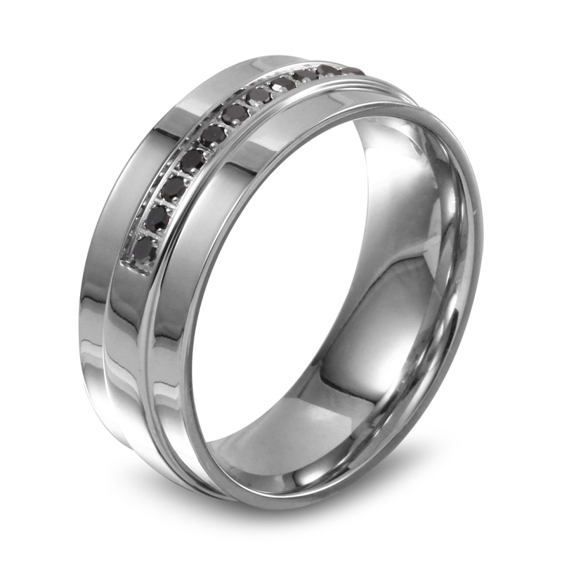 Men's 1/6 CT. T.W. Black Diamond Stepped Edge Wedding Band in Stainless Steel