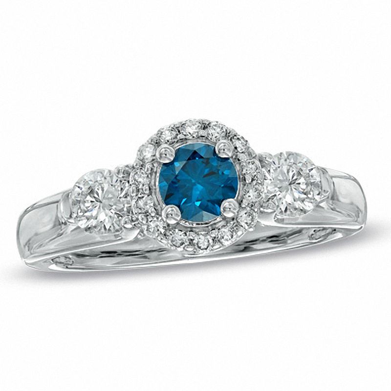 1 CT. T.W. Enhanced Blue and White Diamond Three Stone Frame Ring in 14K White Gold