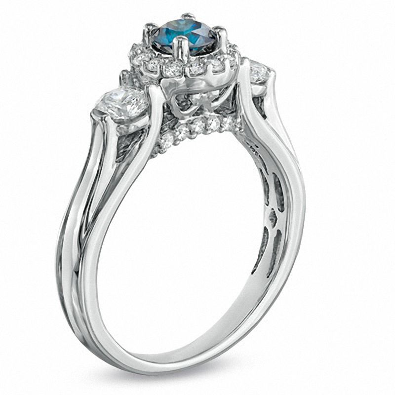 Main Image 2 of 1 CT. T.W. Enhanced Blue and White Diamond Three Stone Frame Ring in 14K White Gold