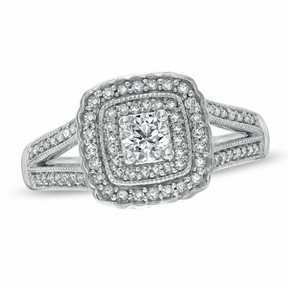 1/2 CT. T.w. Diamond Vintage-Style Double Square Frame Engagement Ring in 10K White Gold