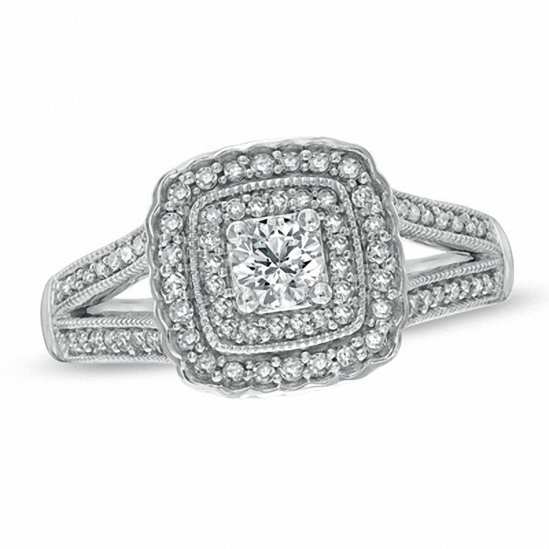 Main Image 1 of 1/2 CT. T.W. Diamond Vintage-Style Double Square Frame Engagement Ring in 10K White Gold