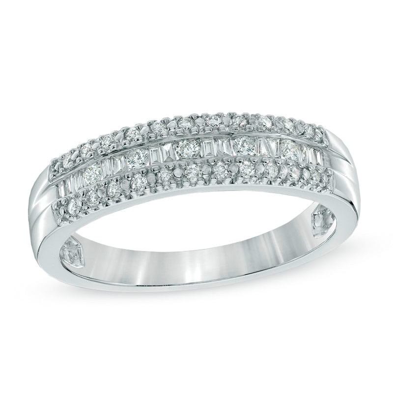 1/4 CT. T.W. Baguette and Round Diamond Band in 10K White Gold