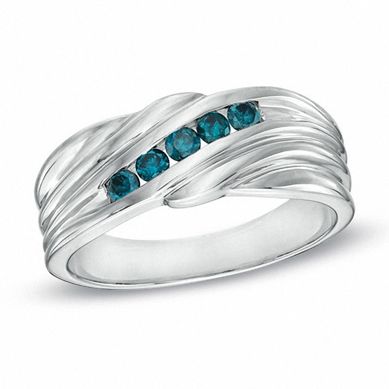 Main Image 1 of Men's 3/8 CT. T.W. Enhanced Blue Diamond Five Stone Band in Sterling Silver