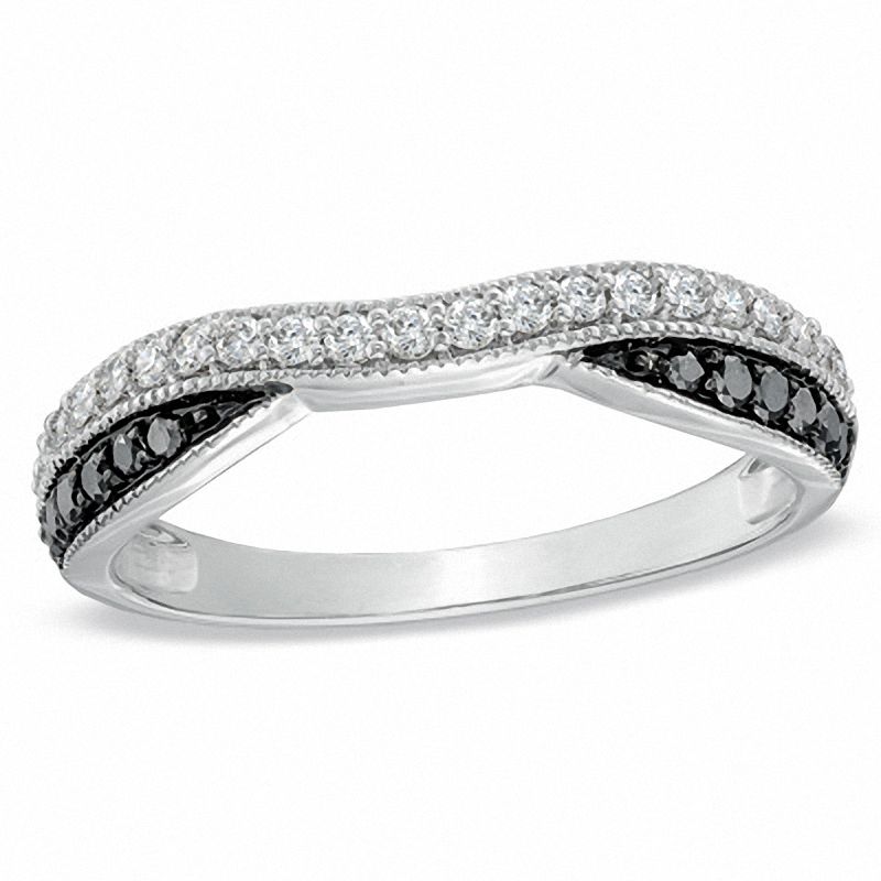 Main Image 1 of 1/3 CT. T.W. Enhanced Black and White Diamond Criss-Cross Band in 14K White Gold