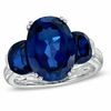 Oval Lab-Created Blue Sapphire Three Stone Ring in Sterling Silver
