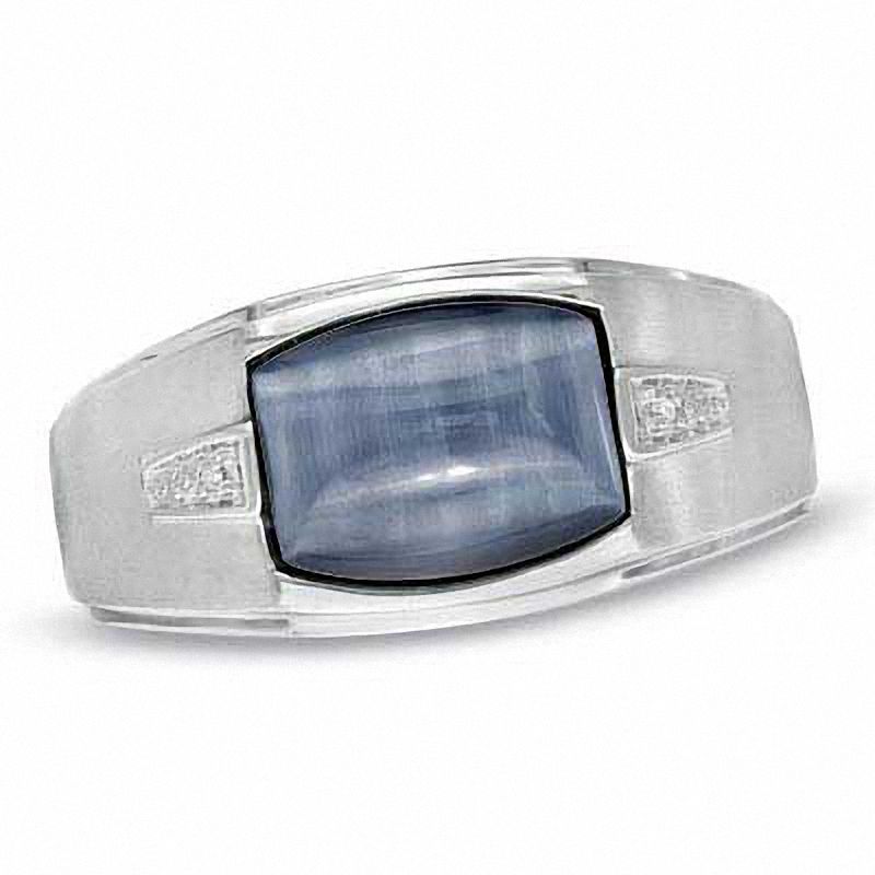 Main Image 1 of Cushion-Cut Simulated Grey Hawks Eye and Diamond Accent Ring in 10K White Gold