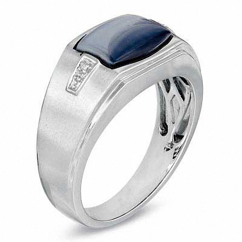 Main Image 2 of Cushion-Cut Simulated Grey Hawks Eye and Diamond Accent Ring in 10K White Gold