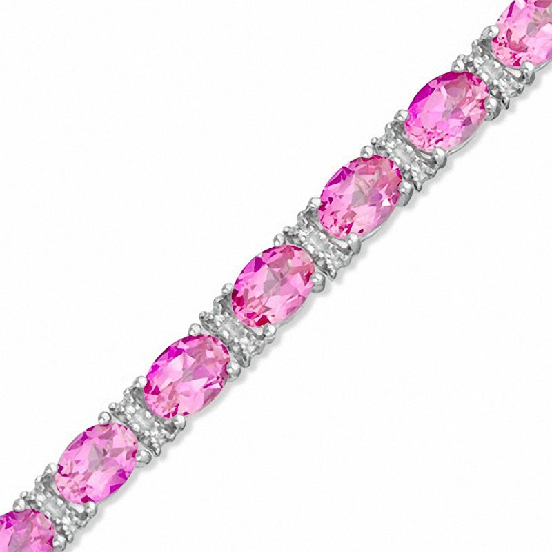 Main Image 1 of Oval Lab-Created Pink Sapphire and Diamond Accent Bracelet in Sterling Silver - 7.25"